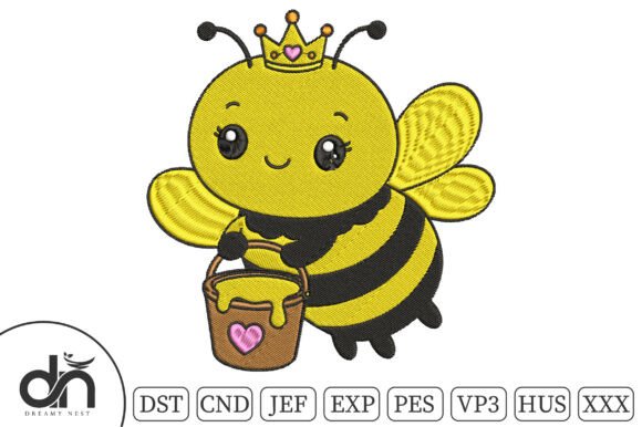 Kawaii Queen Bee Honey Embroidery Design