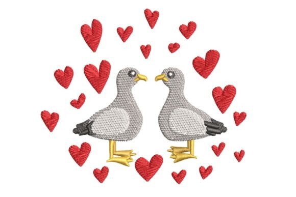 Two Cute Seagulls, Valentine Embroidery